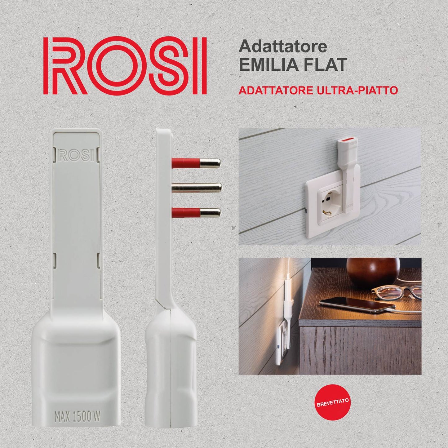 Rosi Emilia Flat Set da 2 Adattatore ultra piatto 90° salva spazio con spina grande 16A e presa 10/16A 2P+T, salvaspazio, sporgenza minima, spessore ridotto, ottimizzazione spazio, 1500W max, bianco