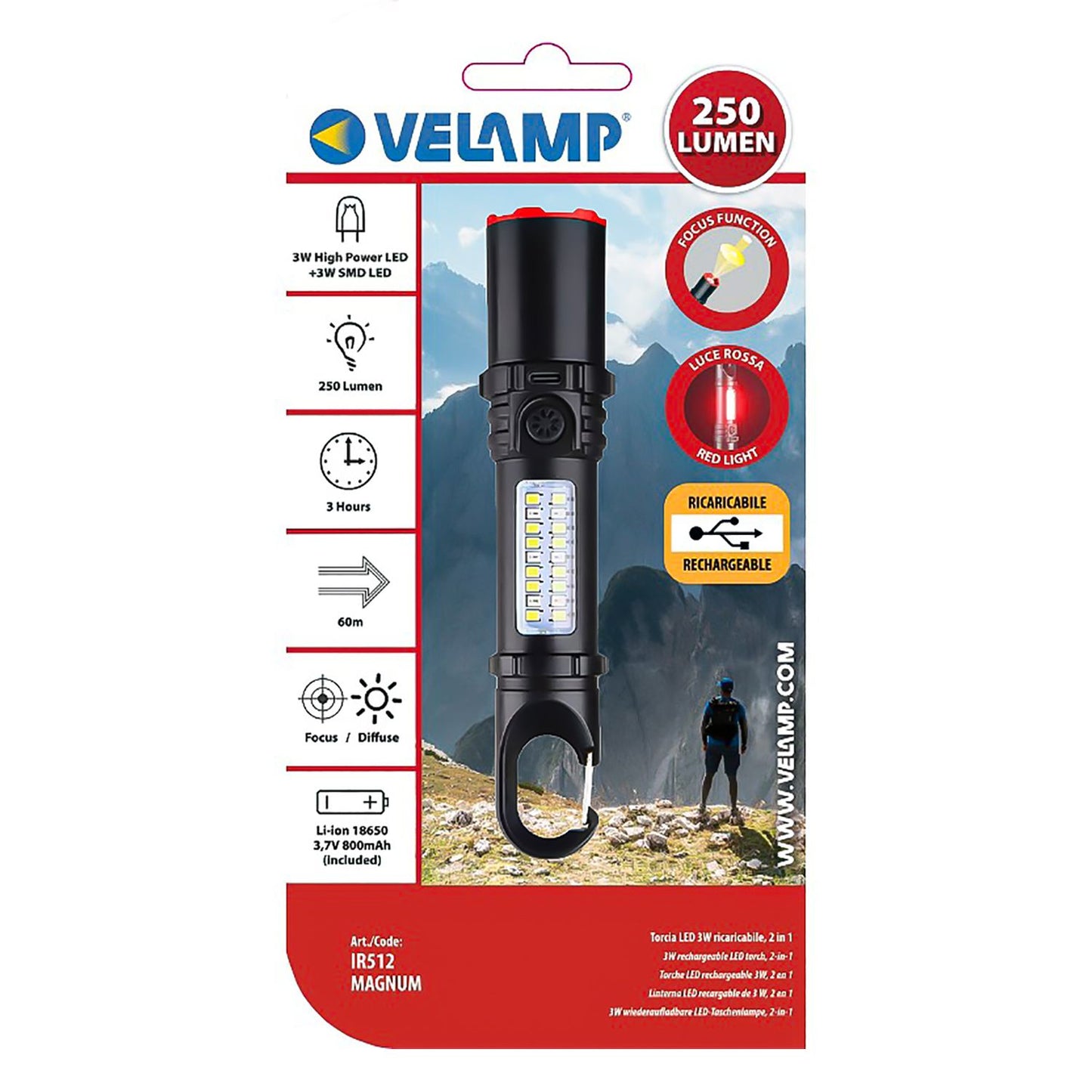 Velamp Tocia LED 250 Lumen ricaricabile con lampada laterale e lente diffuse focus per regolazione zoom del fascio luminoso fino a 60 metri, batteria integrata con ricarica USB-C, funzione luce rossa