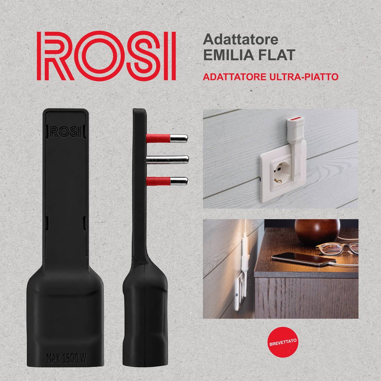Rosi Emilia Flat Set da 2 Adattatore ultra piatto 90° salva spazio con spina grande 16A e presa 10/16A 2P+T, salvaspazio, sporgenza minima, spessore ridotto, ottimizzazione spazio, 1500W max, nero