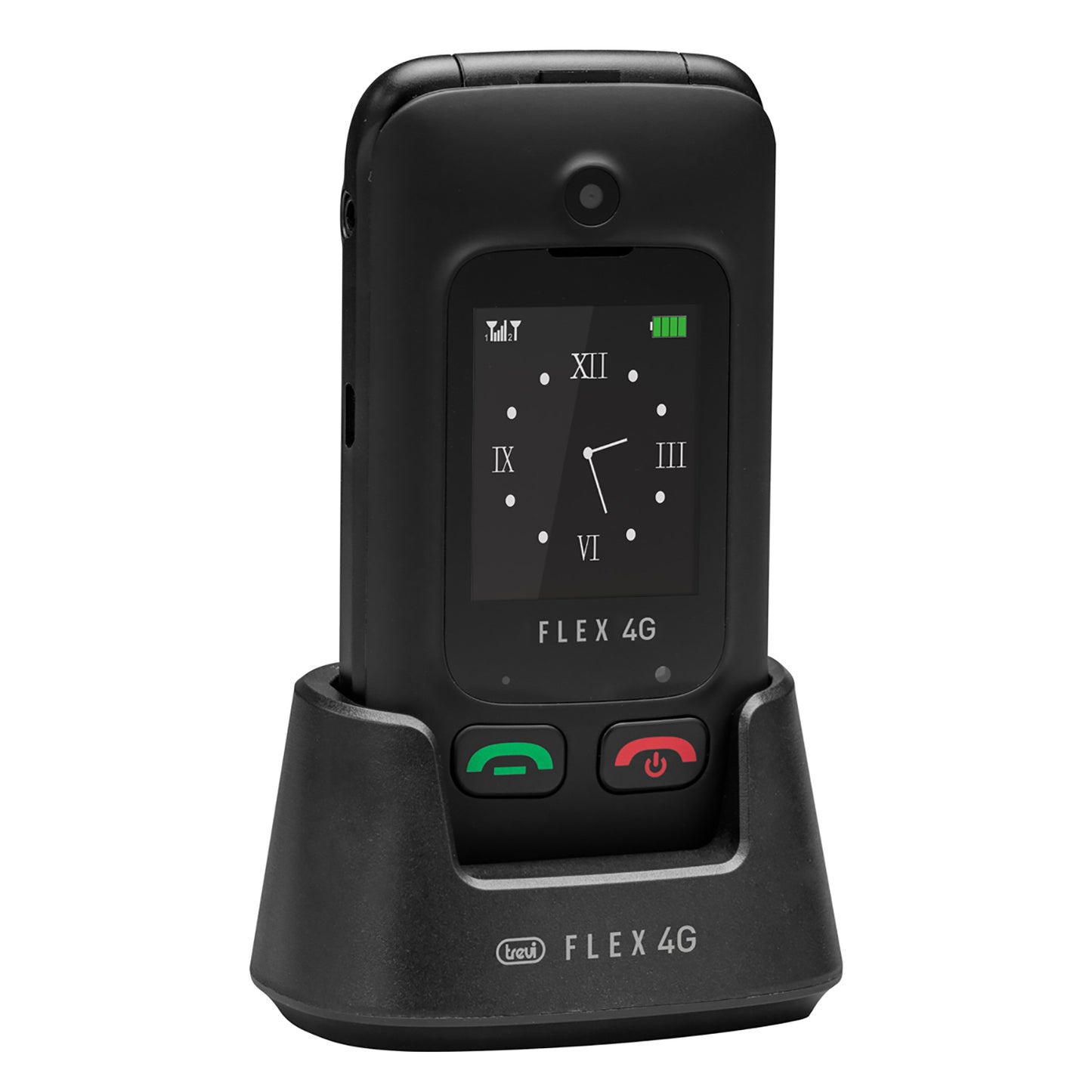 Trevi Flex Plus 90 4G Telefono cellulare per anziani a conchiglia con doppio display, SOS, tasti grandi, fotocamera, base di ricarica, torcia