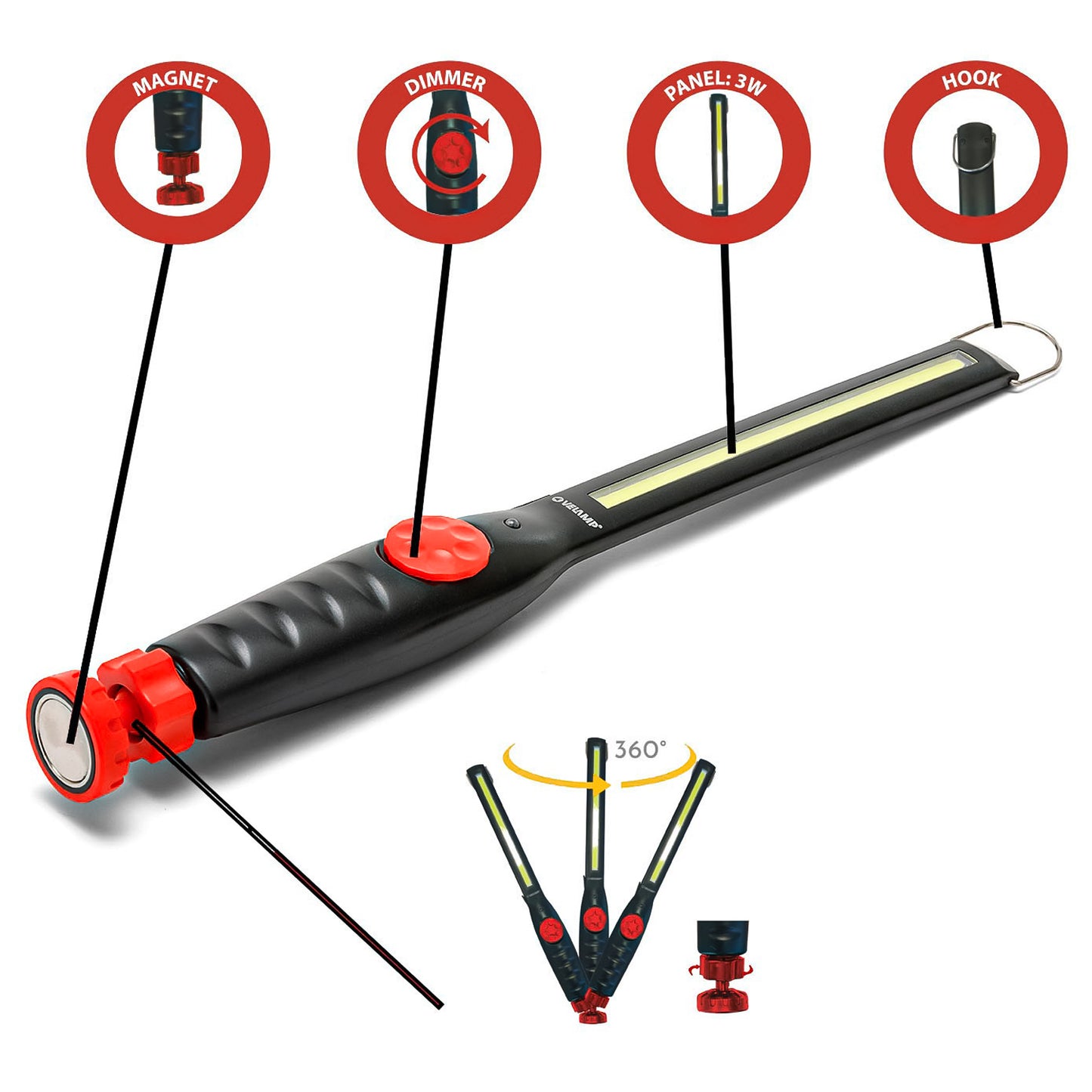 Velamp Lampada da lavoro ricaricabile dimmerabile extra piatta 3W COB LED 150 Lumen con base orientabile magnetica per meccanico auto e moto carrozziere artigiano escursione campeggio