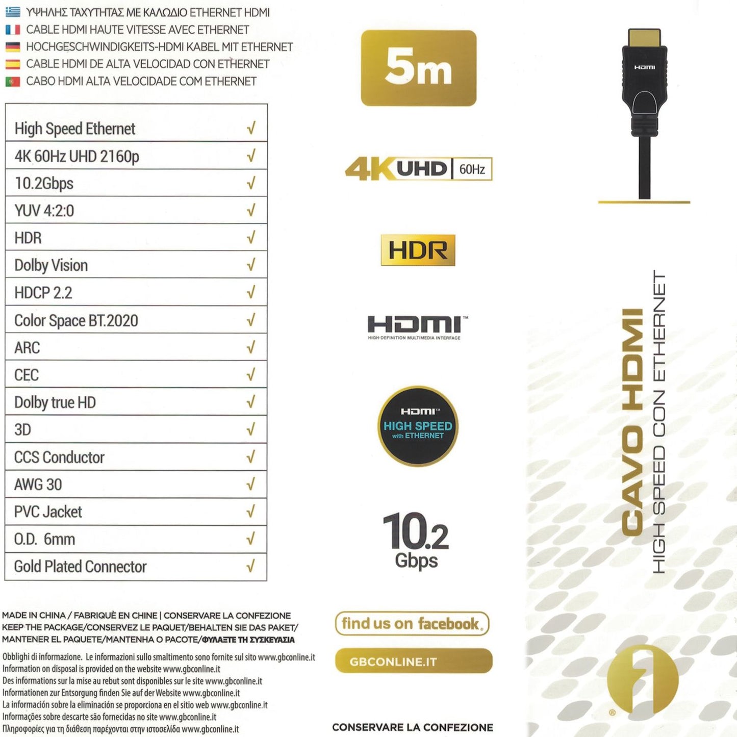 iSnatch 5 Meter HDMI Cable, Supports 4K UHD at 60Hz, High Speed 10.2Gbps with Ethernet, Gold-Plated Connectors