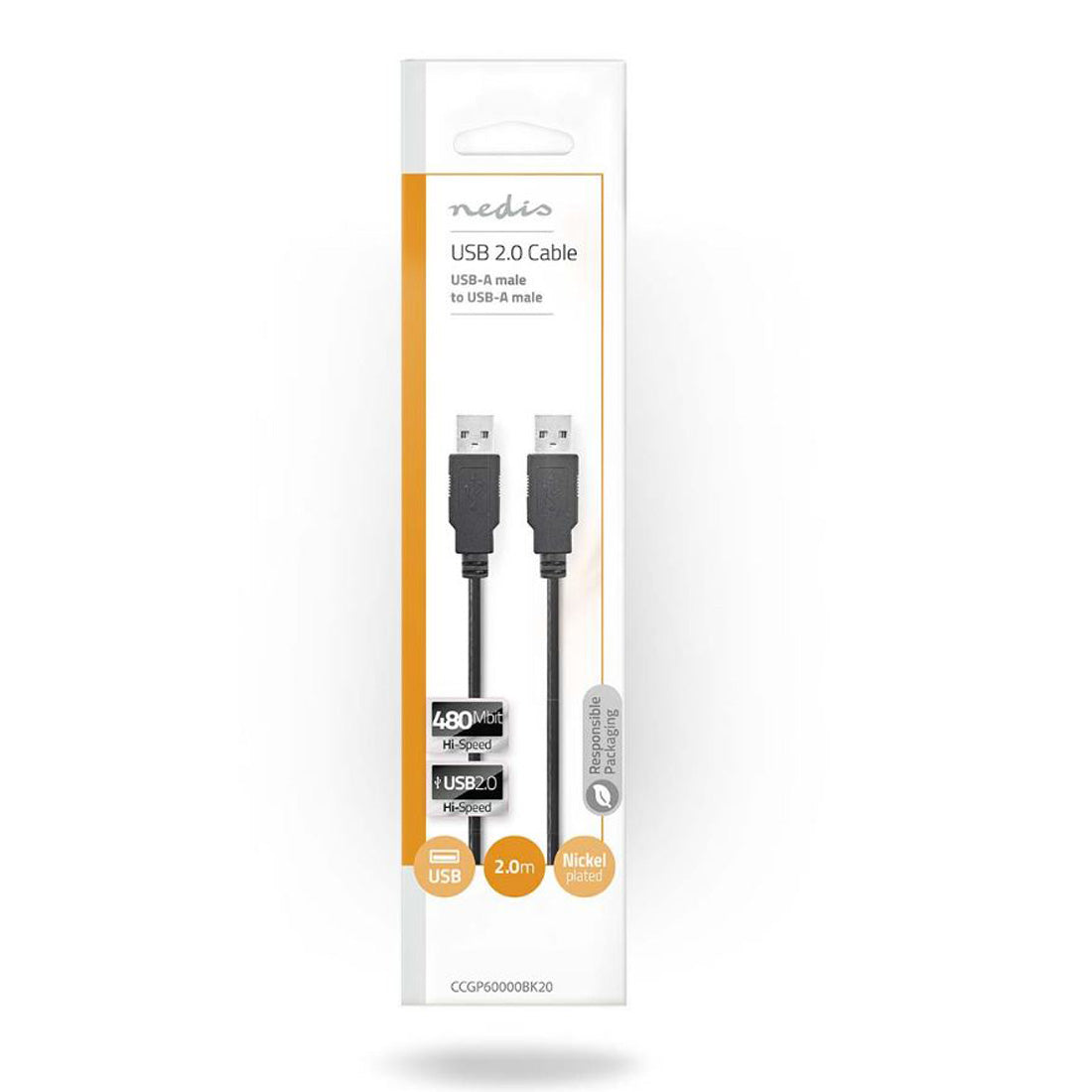 Câble adaptateur Nedis USB 2.0 mâle vers USB-A mâle pour smartphone, PC ou tablette, nickelé 2 m