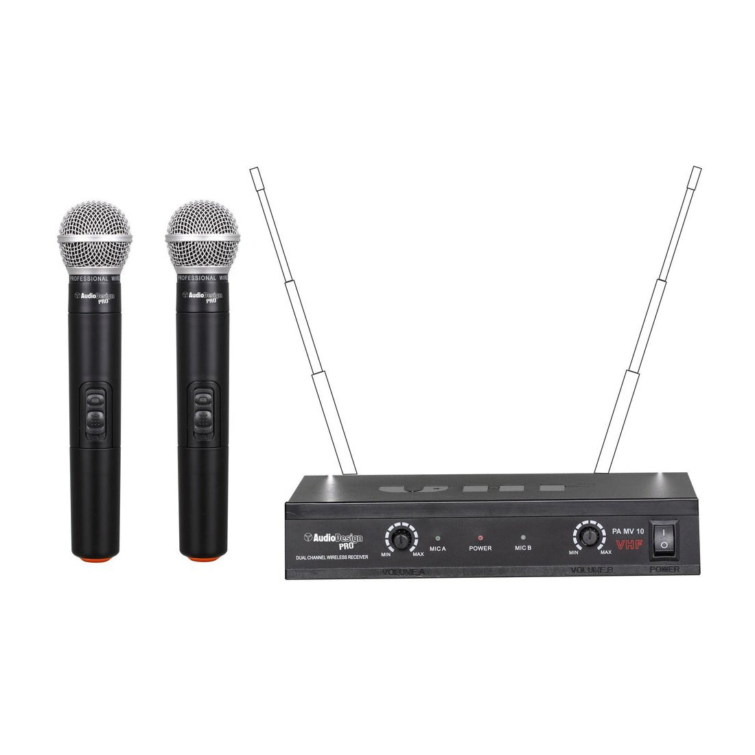 Audiodesign Ensemble microphone sans fil VHF à fréquence fixe, fonction mute sur le microphone