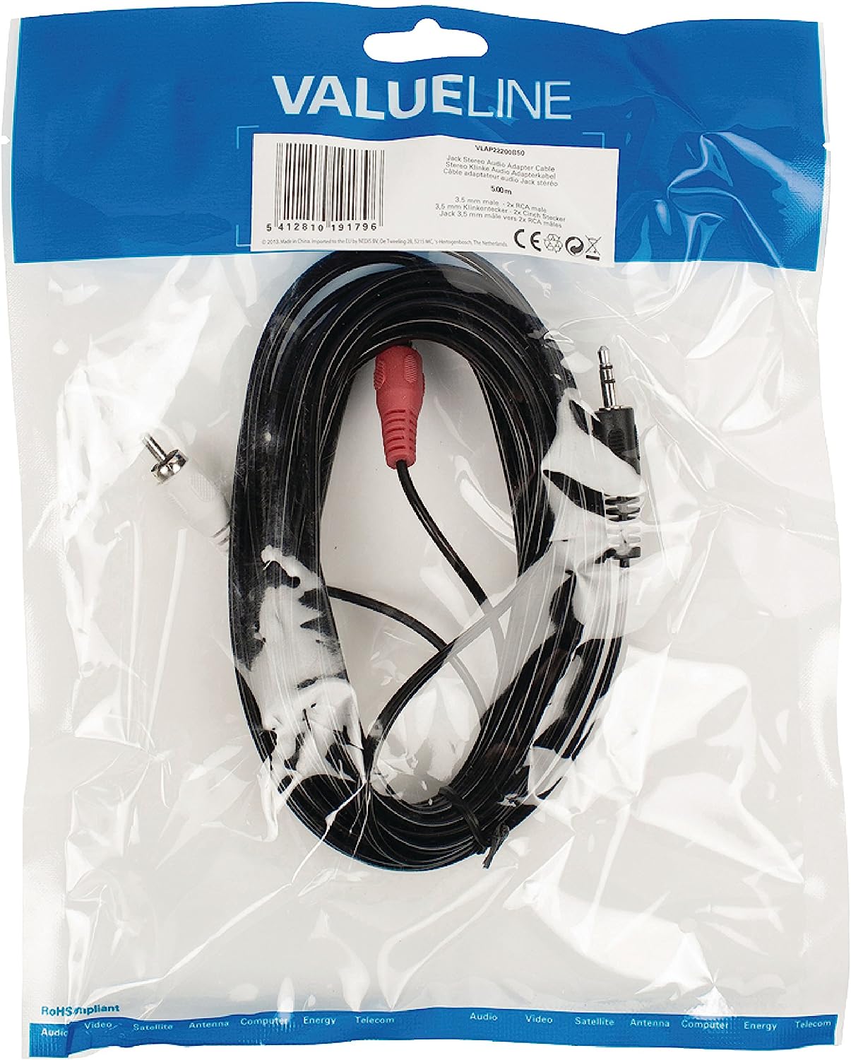Valueline Cavo audio stereo con connettore Jasck da 3.5 mm e 2 connettori RCA, 5 metri