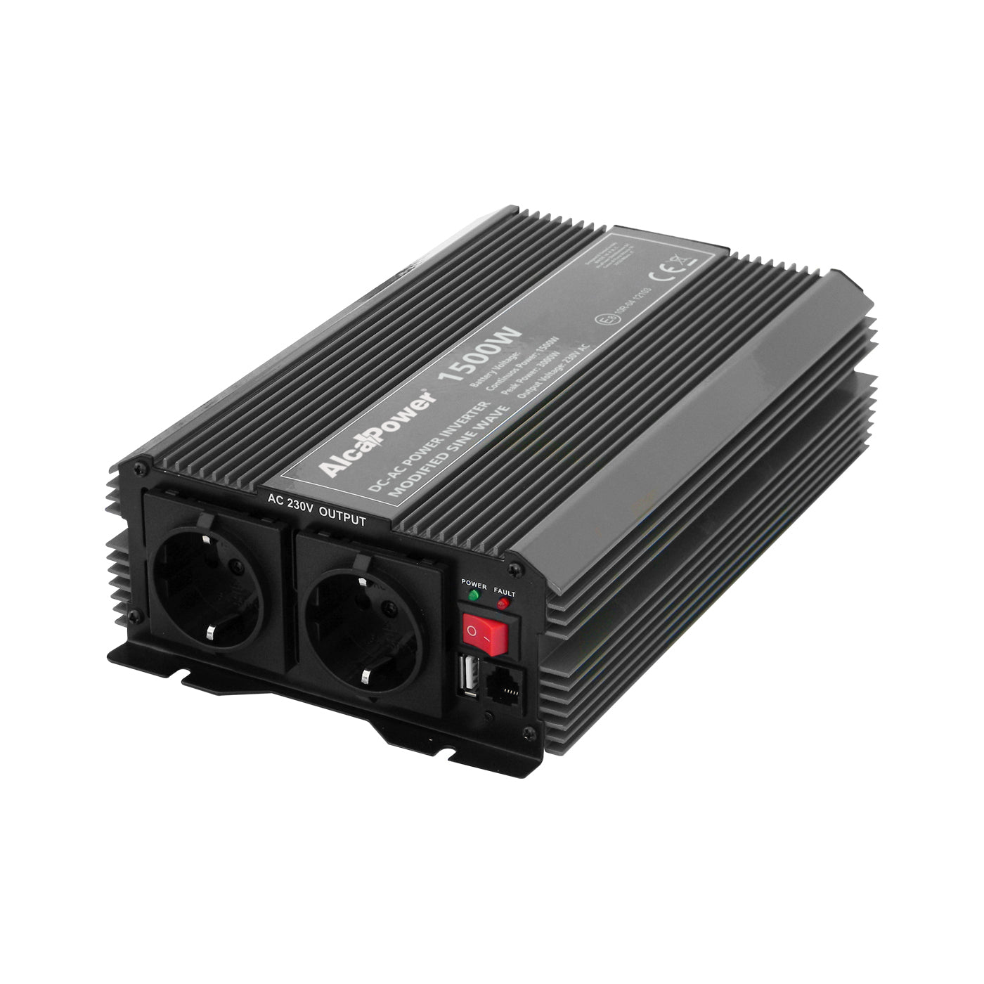 Alcapower Onduleur démarrage progressif 1500W, Entrée 12V DC, Sortie 230V AC, convertisseur de courant, alarme et arrêt automatique