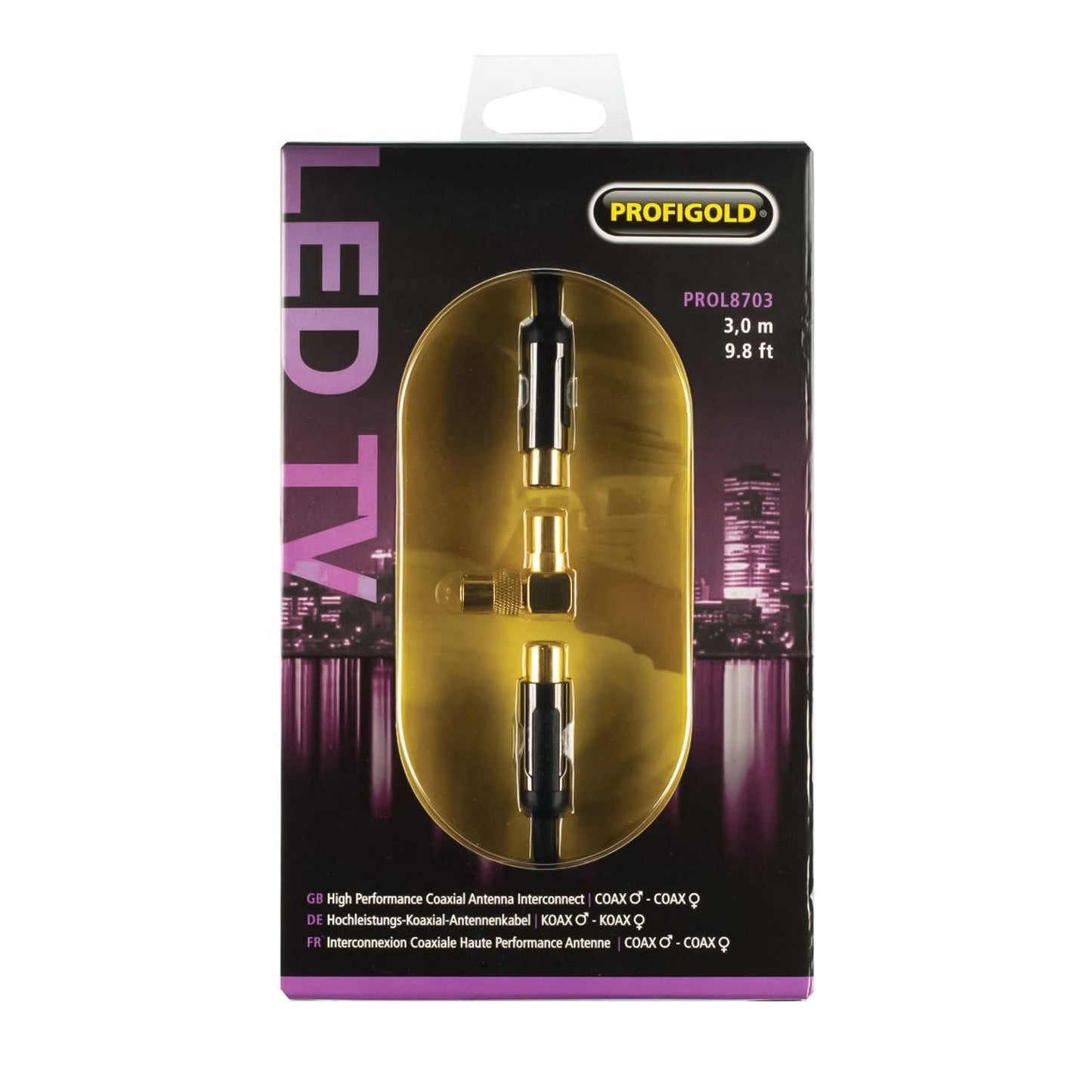 Profigold M/F coaxial cable, IAT technology, shielded antenna cable with 90° adapter, gold-plated contacts, length 3m
