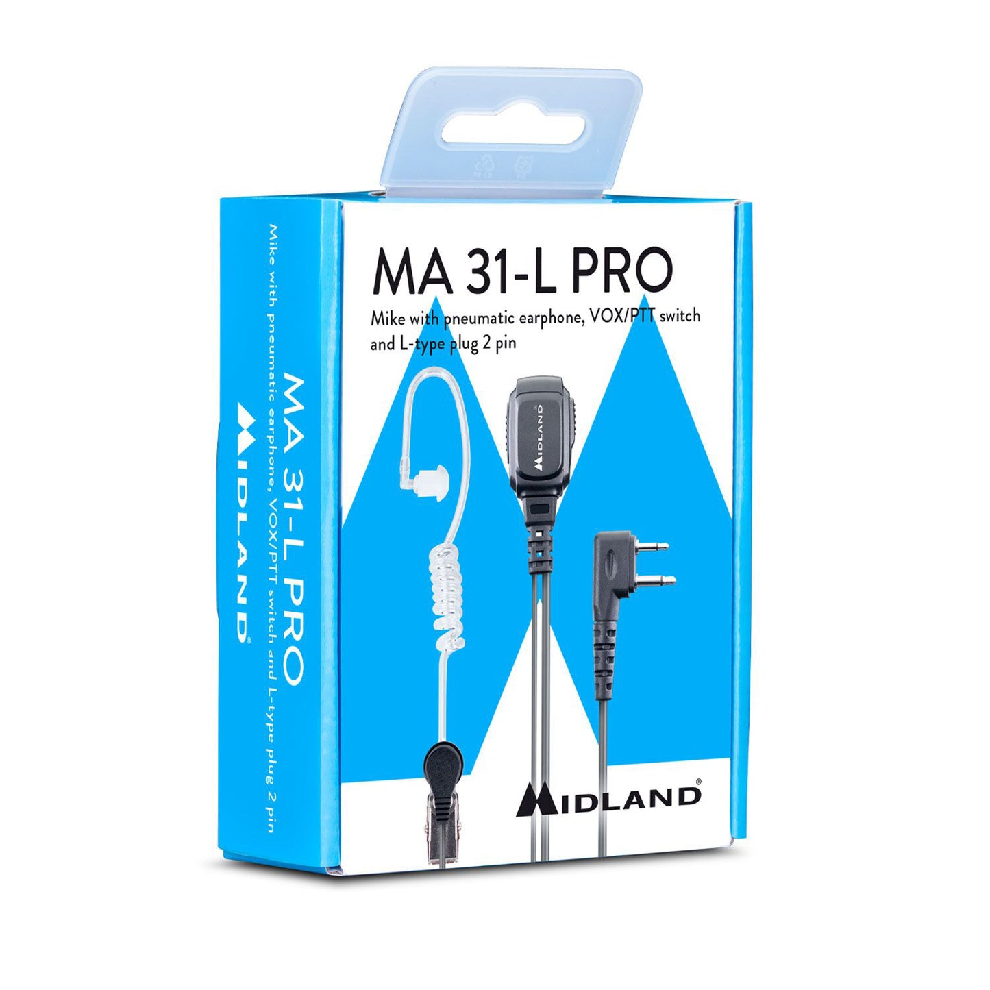 Midland MA31-L PRO Microfono auricolare pneumatico con cavo spiralato, connettore L a 2 pin, selettore push to talk e VOX