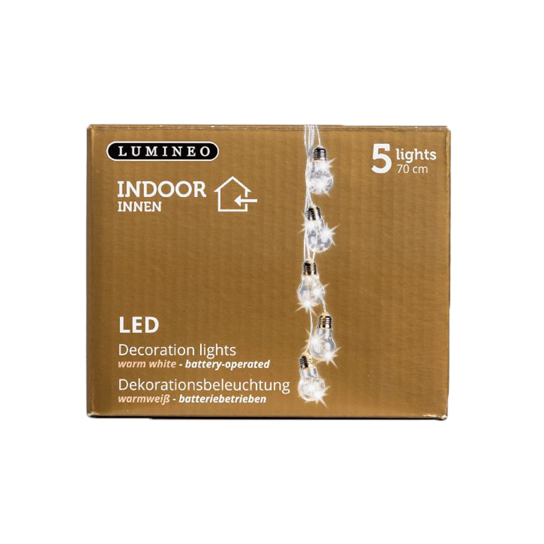 Lumineo decorative LED lights, 70 cm indoor light chain, Christmas decoration, 5 warm white Christmas LED bulbs, battery-operated LED lights, home lighting