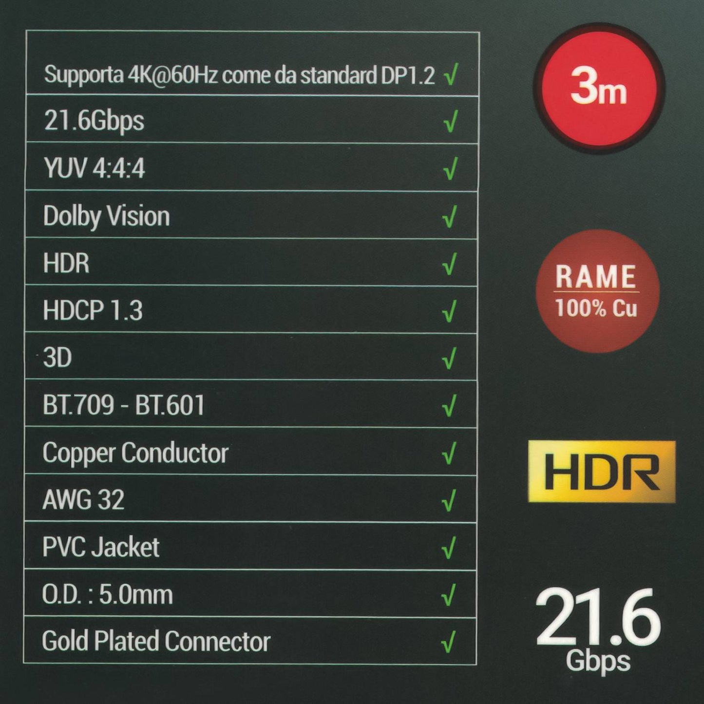 GBC 3 Meter Display Port 1.2 Cable, Supports 4K@60Hz, Fast Speed 21.6Gbps, Gold-Plated Connectors