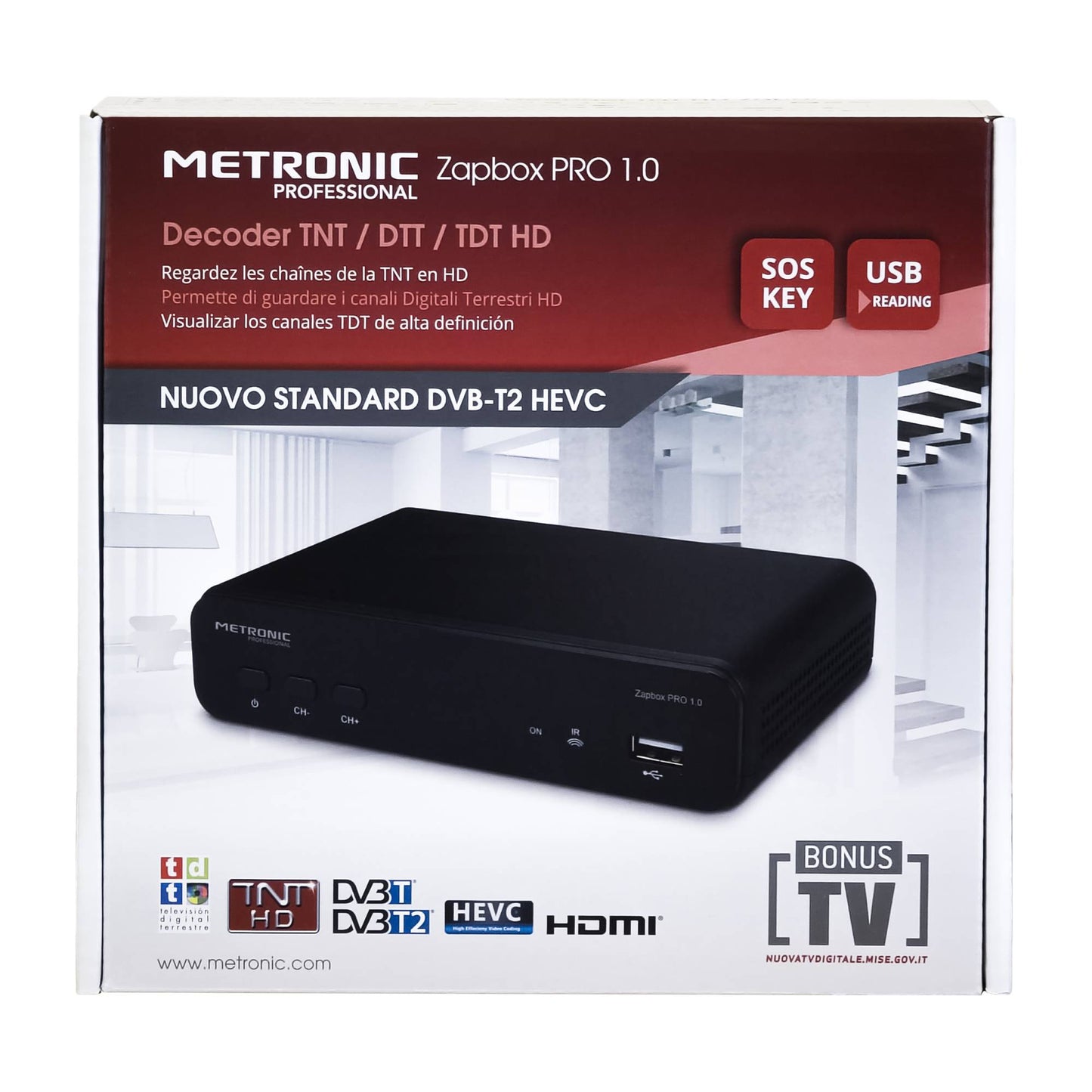 Metronic Zapbox PRO 1.0 Digital terrestrial DVB T2 with remote control, Decoder with USB reader, HDMI port and SCART socket, Dolby Audio, tunes HD channels