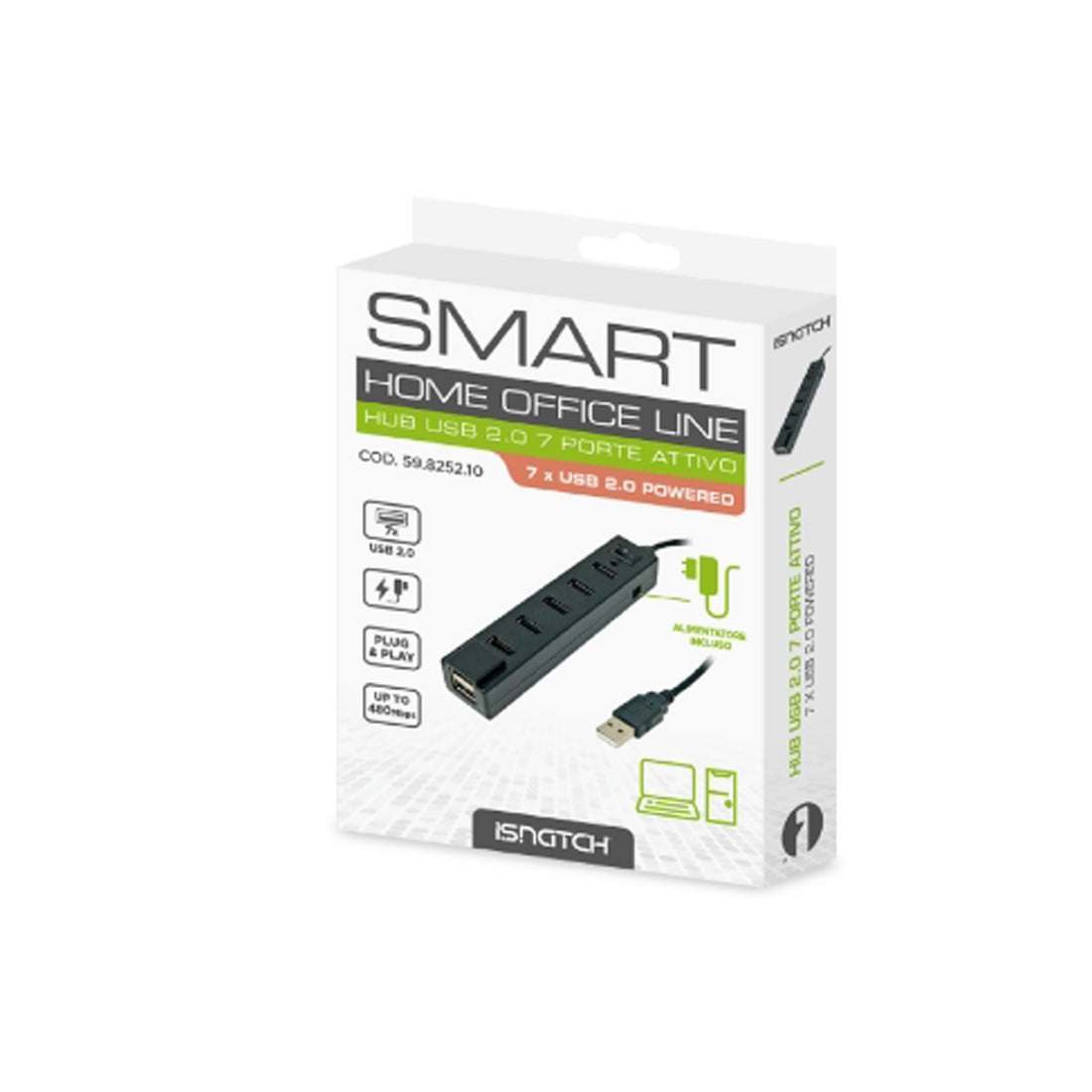 ISNATCH Active Hub, USB 2.0 Hub, 7 Port Power Supply, USB Power Adapter with On/Off Switch