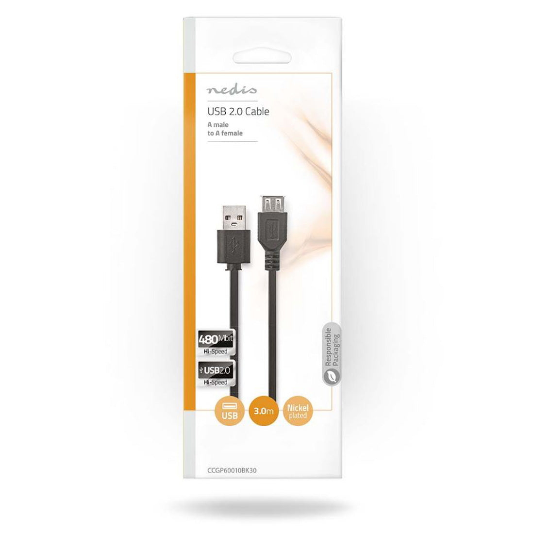 Câble Nedis USB 2.0 nickelé 480 Mbit, USB-A mâle vers USB-A femelle, longueur de câble 3 m