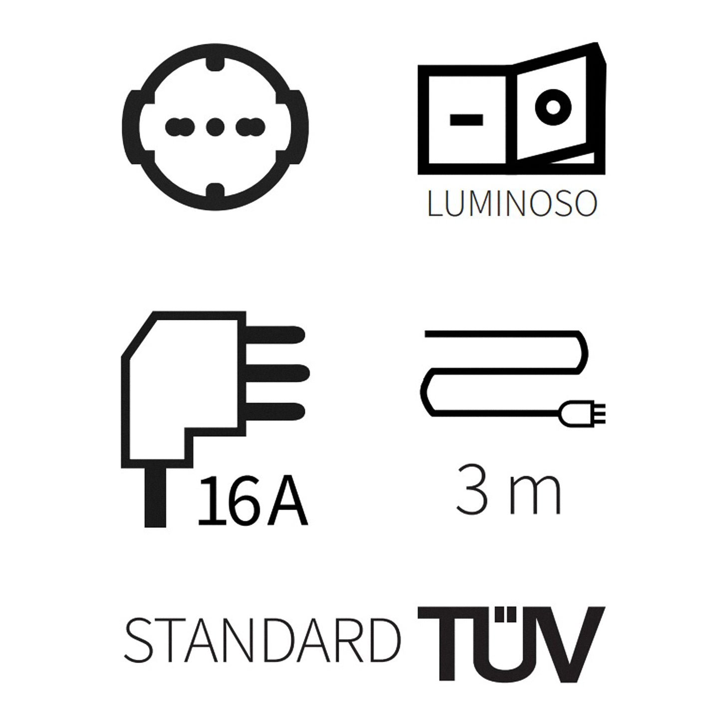 LinkLed Multipresa con interruttore a 3 ingressi 10/16A, ciabatta elettrica 3 prese universali bipasso schuko 250V, cavo da 3m, 3680W max