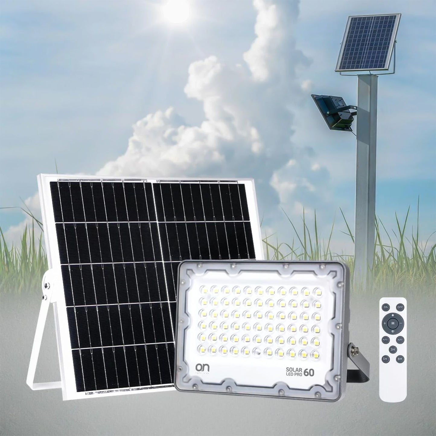 O.N Faretto solare da esterno con luce fredda, faro led con pannello solare e sensore per accensione automatica, lampada led da parete con fotovoltaico 4000K 1200lm