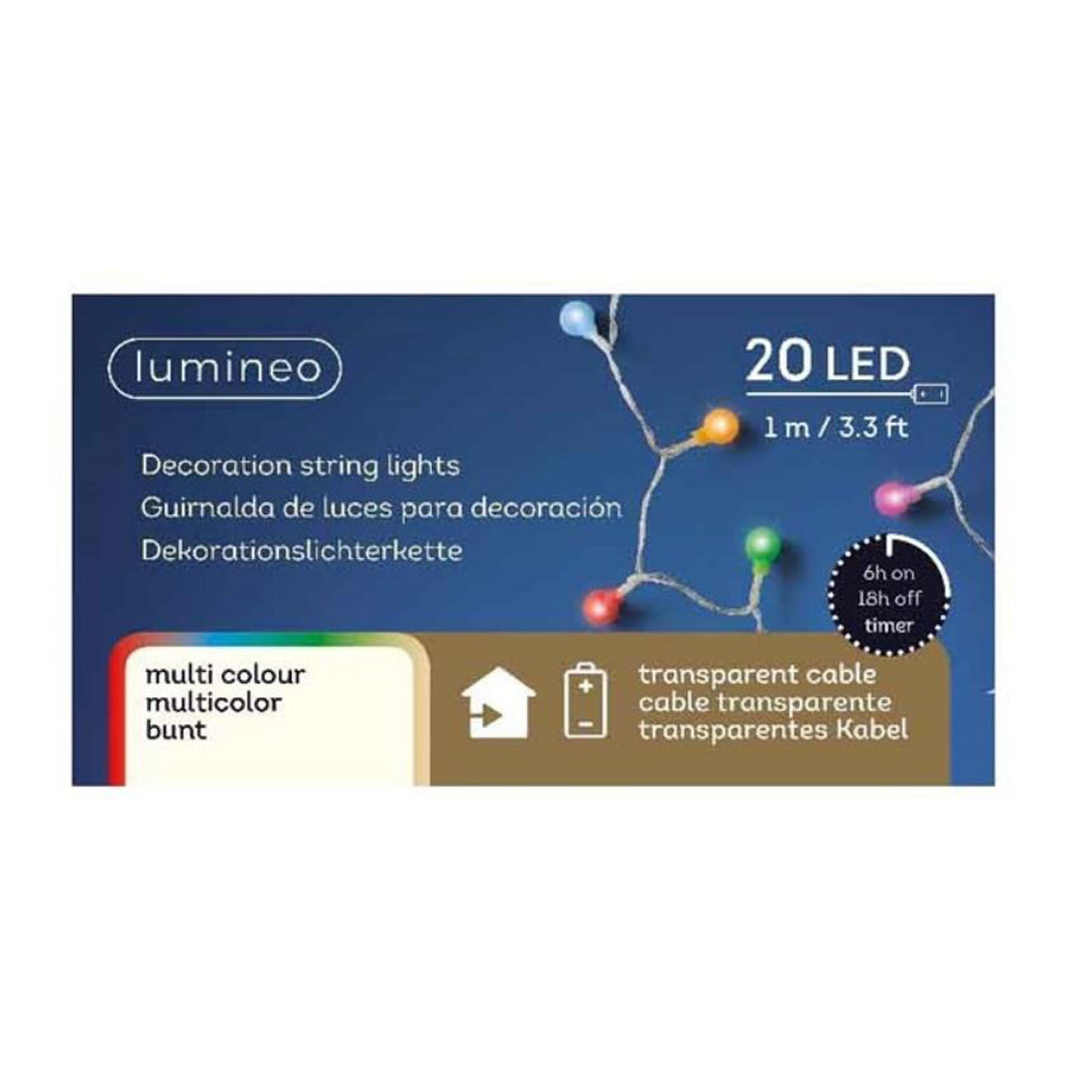 Lumineo Lumières de Noël colorées 20 LED, chaîne lumineuse d'intérieur de 1 m, lumières d'arbre de Noël, lumières de Noël, lumières LED de Noël, lumières LED à piles