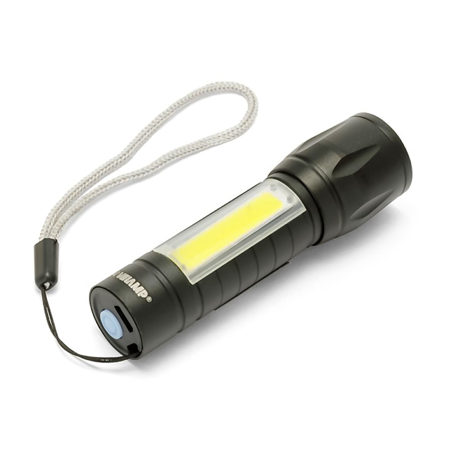 Velamp Torcia compatta ricaricabile a LED 120 Lumen resistente all'acqua IP44 con zoom ottico, lanterna laterale, laccio e cavo USB-C, struttura in lega di alluminio
