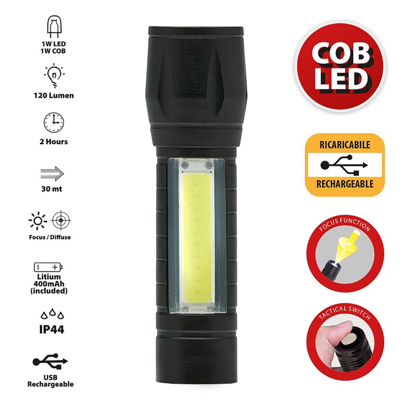 Velamp Torcia compatta ricaricabile a LED 120 Lumen resistente all'acqua IP44 con zoom ottico, lanterna laterale, laccio e cavo USB-C, struttura in lega di alluminio