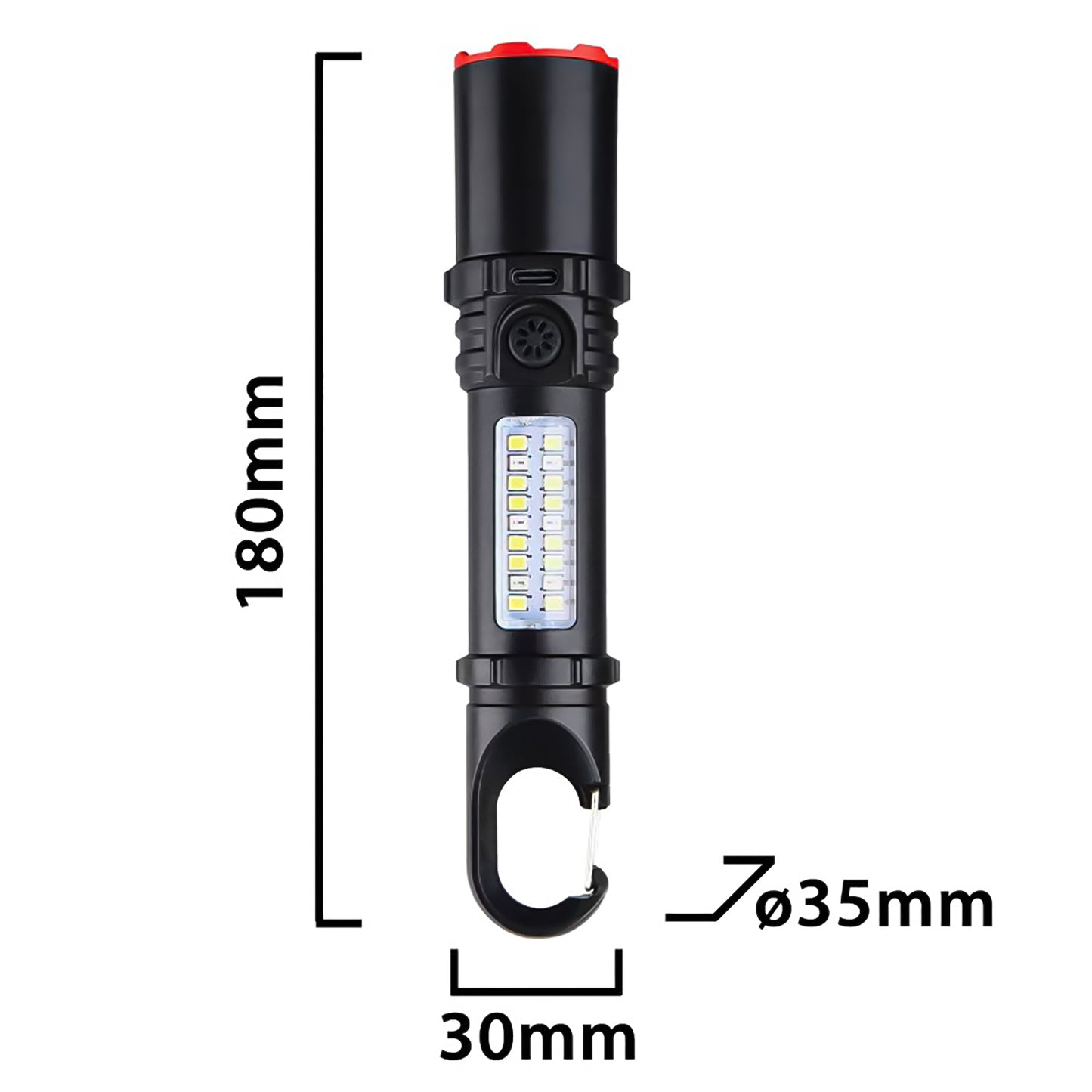 Velamp Tocia LED 250 Lumen ricaricabile con lampada laterale e lente diffuse focus per regolazione zoom del fascio luminoso fino a 60 metri, batteria integrata con ricarica USB-C, funzione luce rossa
