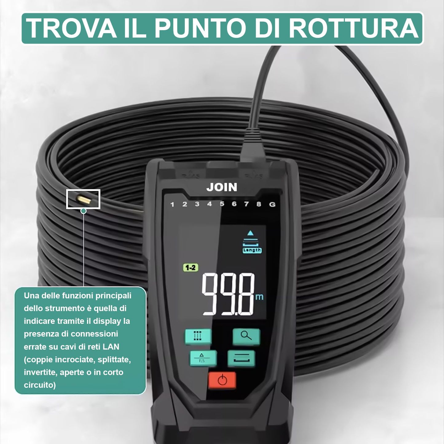 JOIN 94-108 Tester multifunzione per verifica tracciamento e mappatura cavi di rete LAN con porte RJ45 e funzione per misurare la lunghezza del cavo fino a 400m, rilevatore di interruzioni, torcia LED
