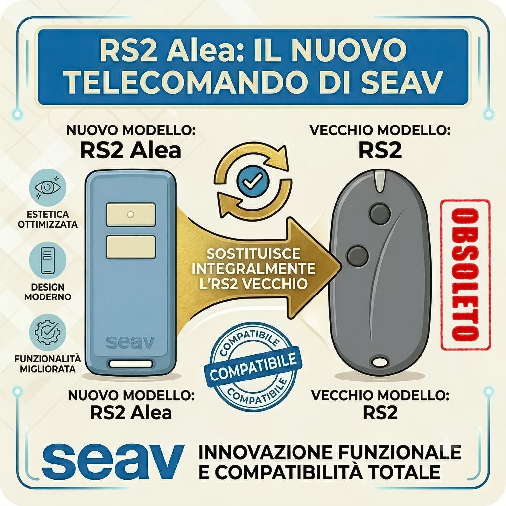 Seav RS2 Alea Telecomando apricancello ad ampio raggio 433.92MHz con 2 tasti, radiocomando a 2 canali, telecomando portone cancello garage saracinesca, trasmettitore rolling code, made in Italy