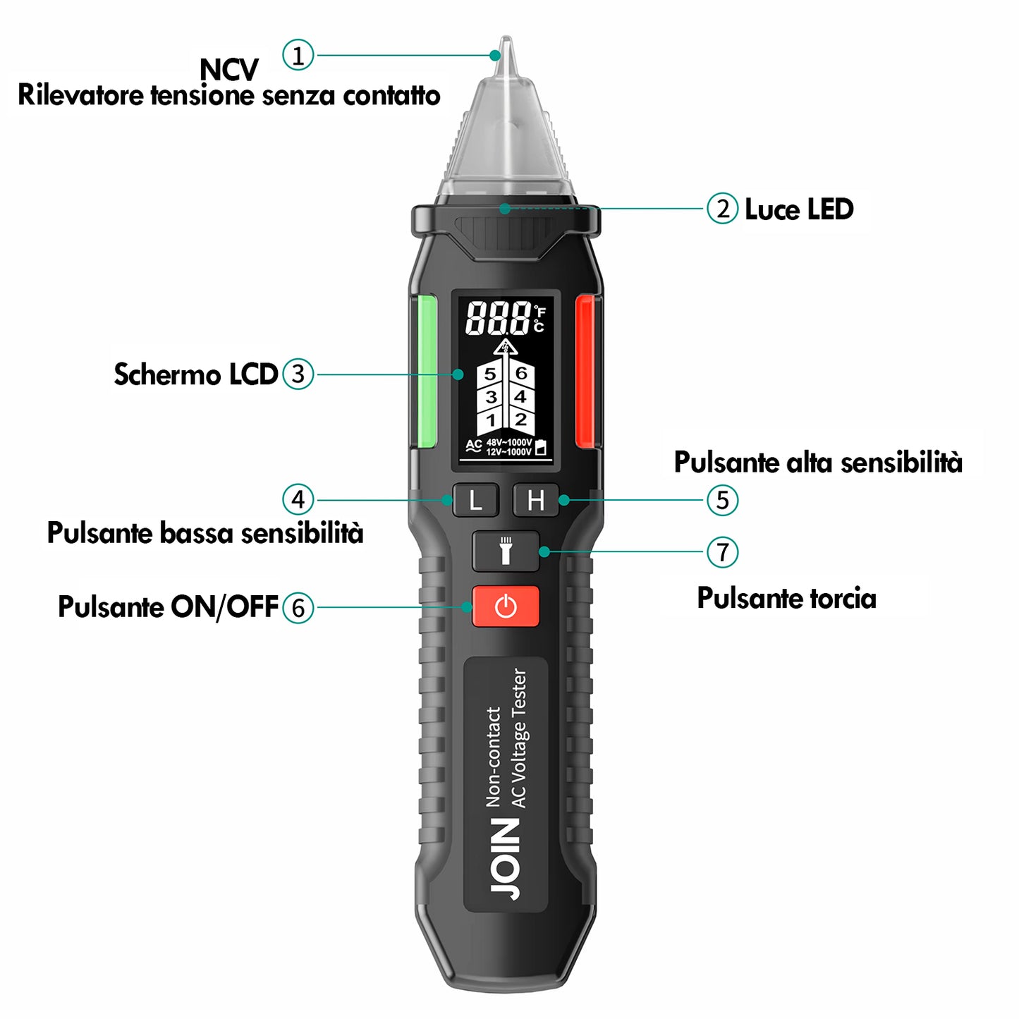 JOIN 98-853 Rilevatore di tensione e temperatura con torcia LED multifunzione display LCD e clip integrata, rilevazione senza contatto 12-1000V, tasti in silicone, spegnimento automatico