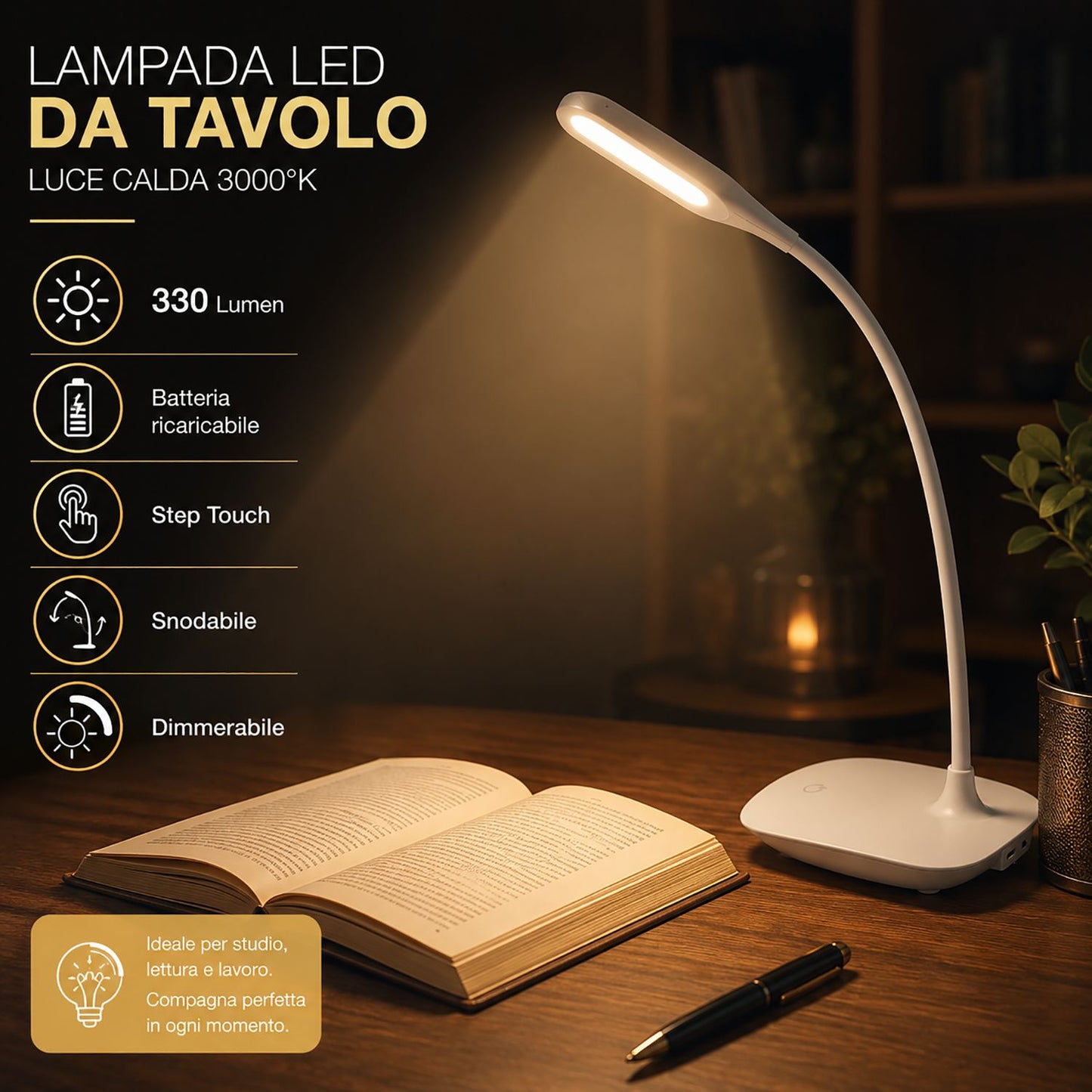 O.N Lampada LED da tavolo a batteria ricaricabile con collo snodabile a 360°, luce bianco caldo 3000K, lunga durata, interruttore touch con funzione dimmerabile da 80 a 330lm, senza fili, bianca, IP20