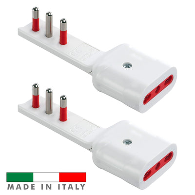 Rosi Emilia Flat Set da 2 Adattatore ultra piatto 90° salva spazio con spina piccola 10A e presa 10A 2P+T, salvaspazio, sporgenza minima, spessore ridotto, ottimizzazione spazio, 1500W max, bianco