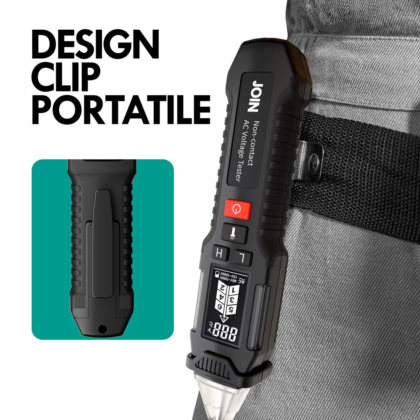 JOIN 98-853 Rilevatore di tensione e temperatura con torcia LED multifunzione display LCD e clip integrata, rilevazione senza contatto 12-1000V, tasti in silicone, spegnimento automatico