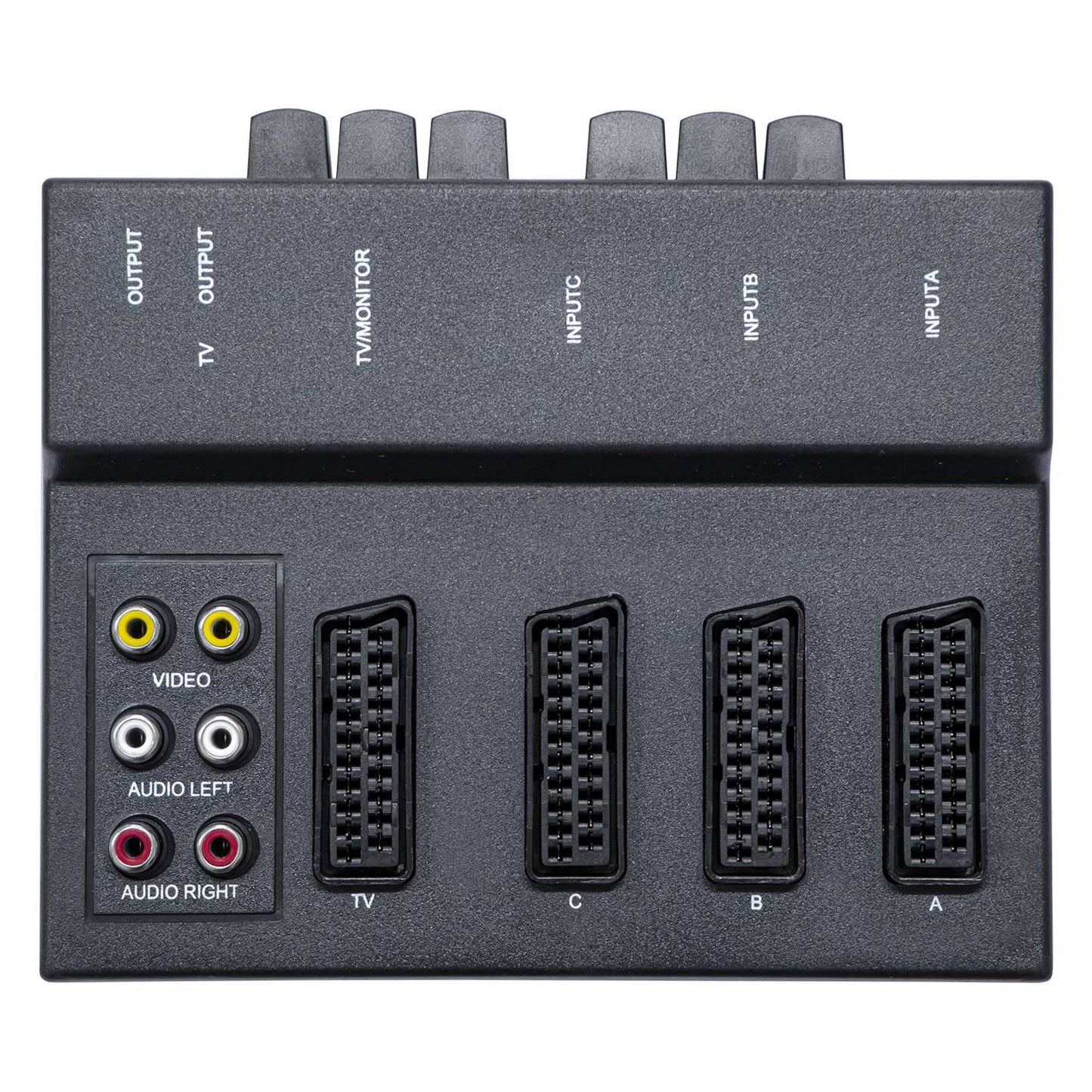 Commutatore audio video SCART+RCA con selettori, 3 prese SCART IN e una OUT, 2 ingressi RCA, centralina ciabatta switch box per dispositivi analogici, nero