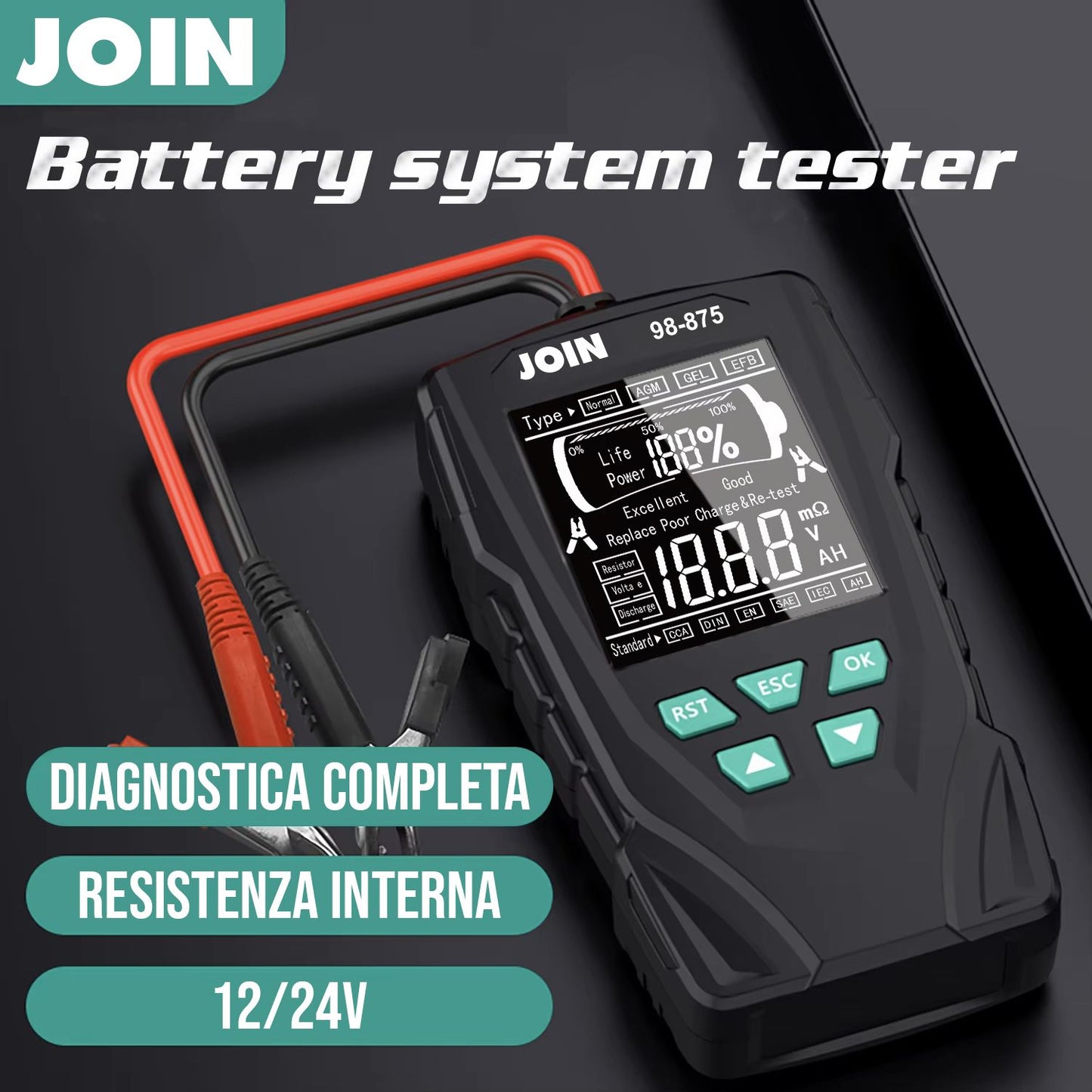 JOIN 98-875 Tester per batterie al piombo 12V - 24V con Display LCD retroilluminato, adatto a tutti i tipi di batterie per auto moto e altri veicoli