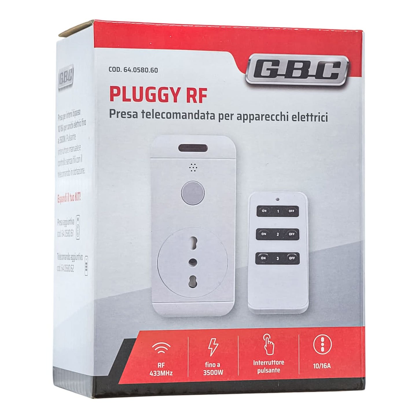 GBC Kit presa di corrente bipasso 220V telecomandata per controllo remoto con telecomando 433mHz, compatibile con spina 10A e 16A, portata max 30 metri, LED e pulsante interruttore integrato, bianco