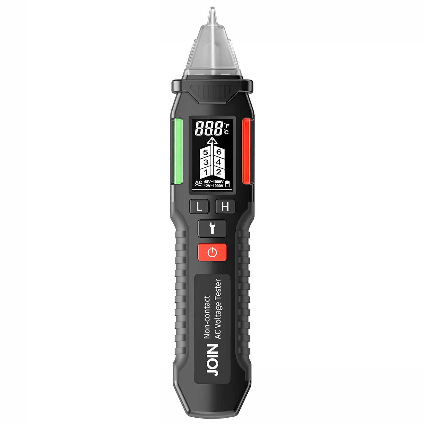 JOIN 98-853 Rilevatore di tensione e temperatura con torcia LED multifunzione display LCD e clip integrata, rilevazione senza contatto 12-1000V, tasti in silicone, spegnimento automatico