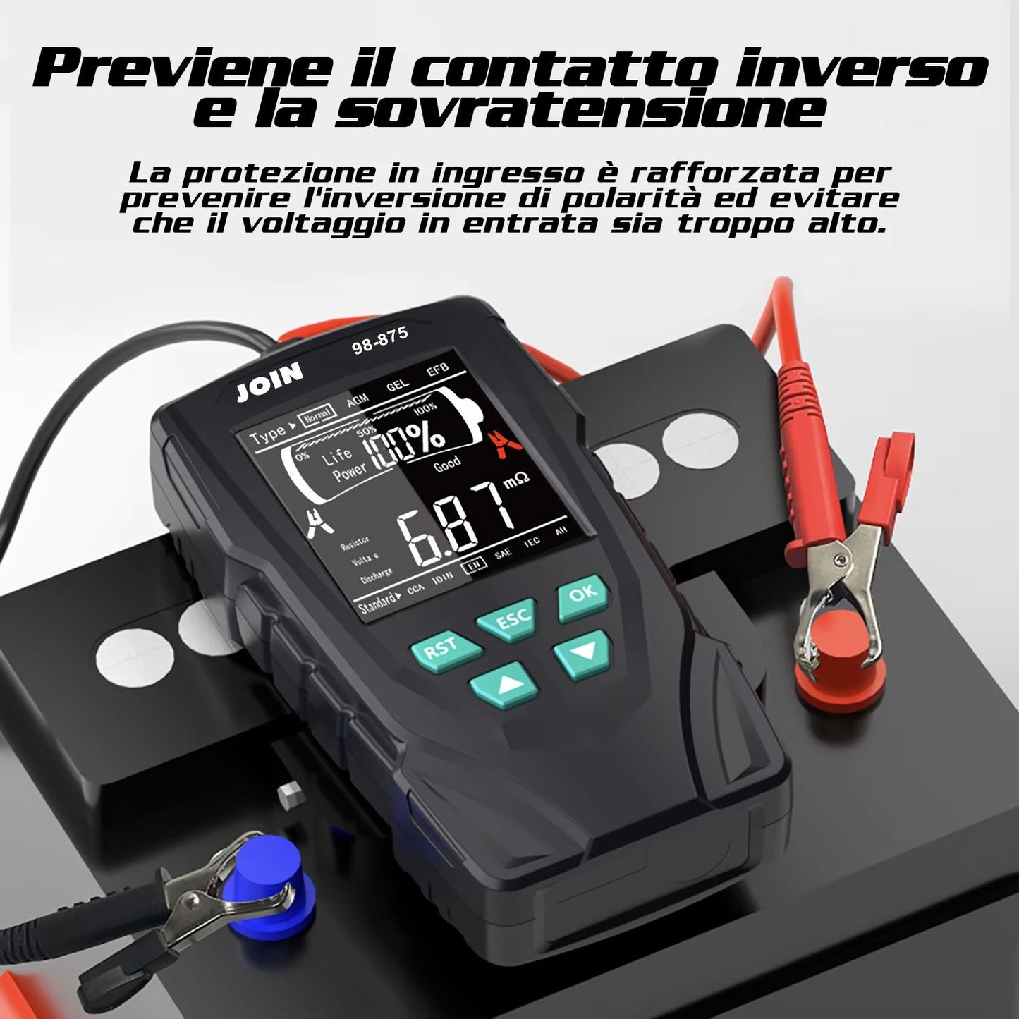 JOIN 98-875 Tester per batterie al piombo 12V - 24V con Display LCD retroilluminato, adatto a tutti i tipi di batterie per auto moto e altri veicoli