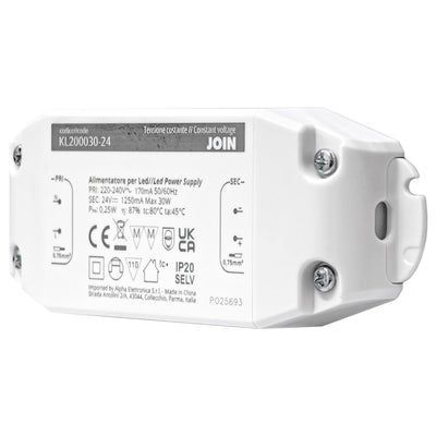 Alpha Elettronica KL200030-24 Alimentatore per LED a tensione costante 30W 24Vdc, trasformatore professionale senza sfarfallio per striscia LEDs, morsetti a vite, tensione d'ingresso 200 - 240 Vac
