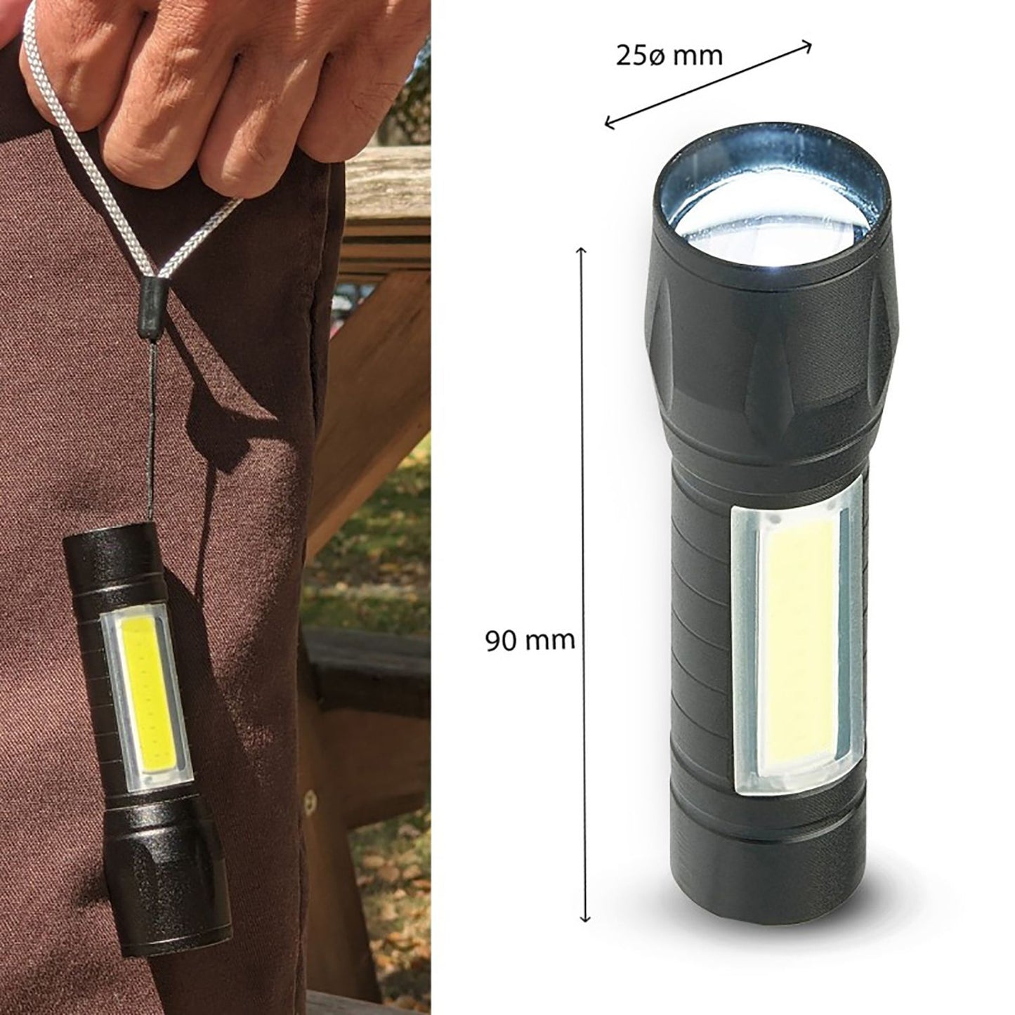 Velamp Torcia compatta ricaricabile a LED 120 Lumen resistente all'acqua IP44 con zoom ottico, lanterna laterale, laccio e cavo USB-C, struttura in lega di alluminio