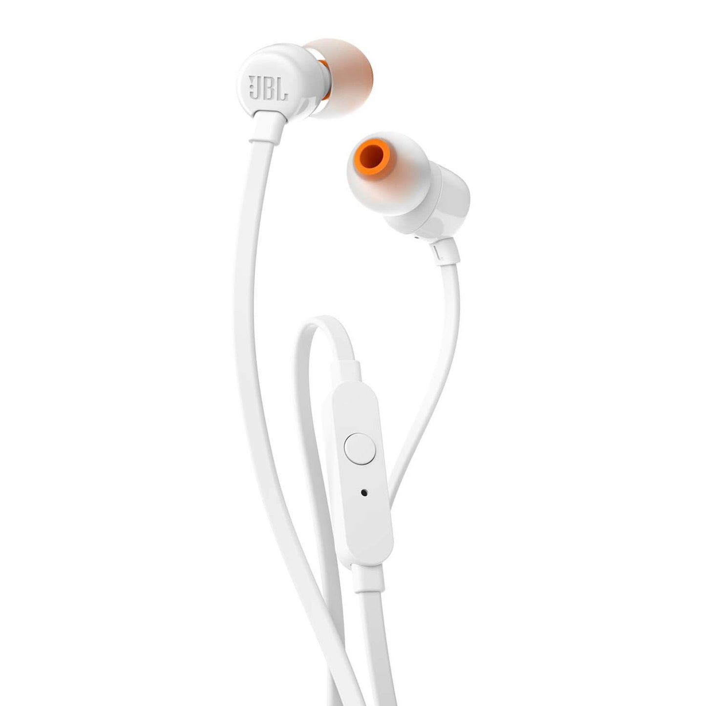 JBL T110 Écouteurs intra-auriculaires avec microphone, câble plat anti-nœuds, commande à un bouton, son JBL Pure Bass, blanc
