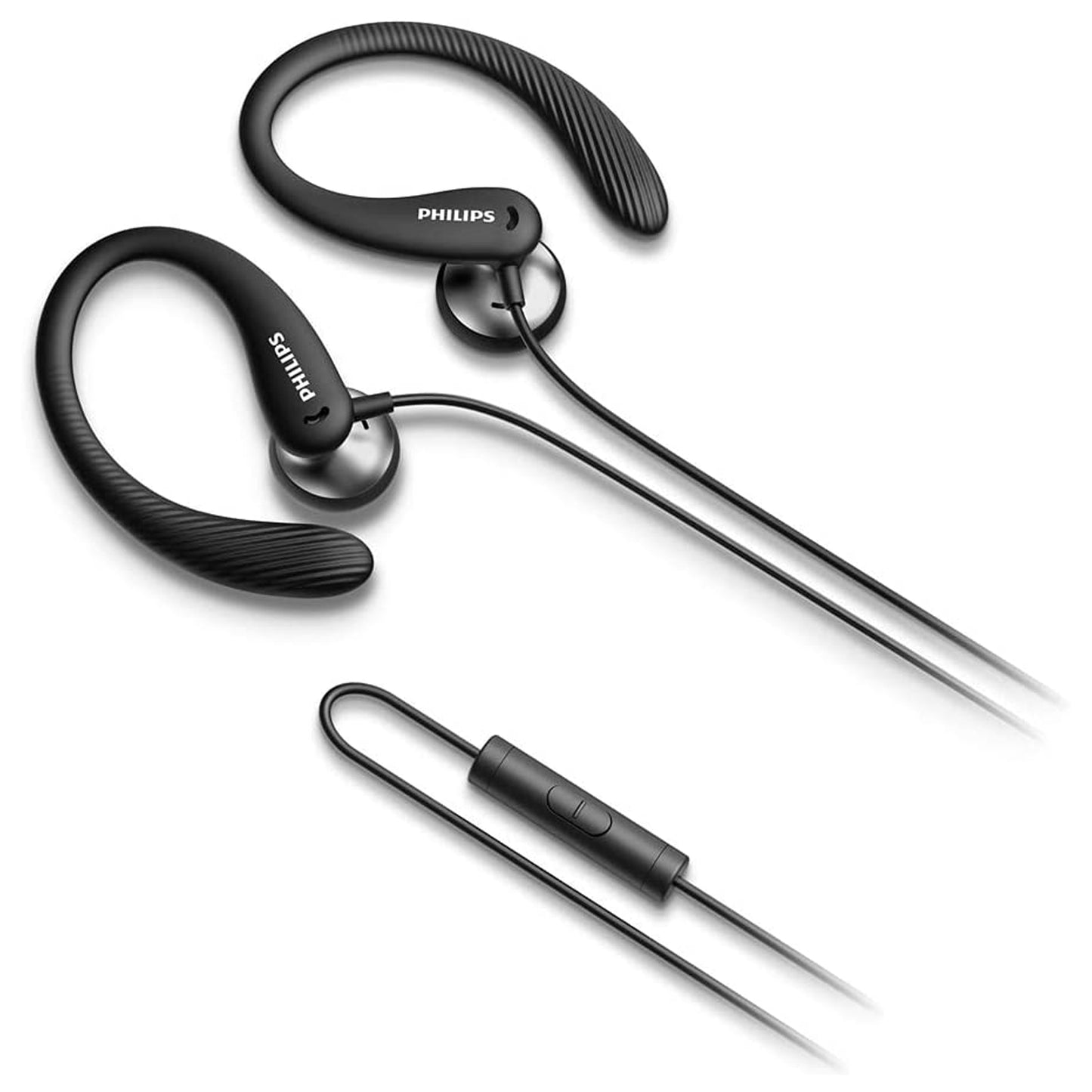 Philips Cuffie con filo per fitness e sport, auricolari con microfono, IPX2 resistenti a sudore e schizzi, supporti orecchio flessibili, comando con pulsante, nero