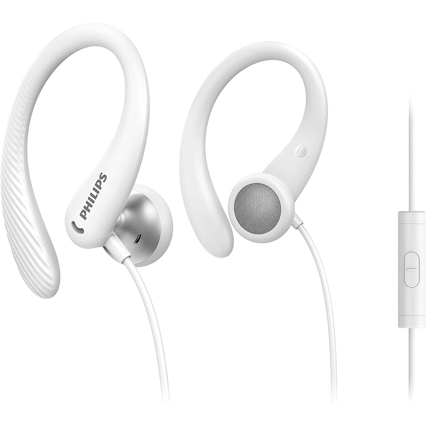 Philips Cuffie con filo per fitness e sport, auricolari con microfono, IPX2 resistenti a sudore e schizzi, supporti orecchio flessibili, comando con pulsante, bianco