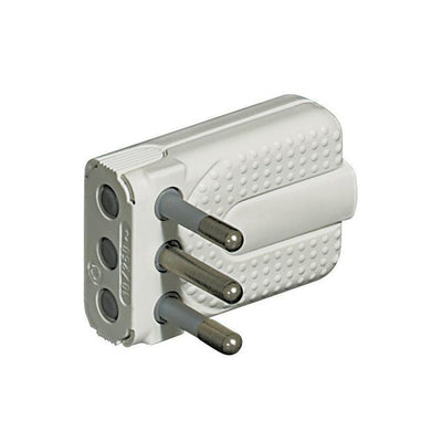 Bticino Space-saving 2P+E 10A Corner Plug, adjustable pins, white colour