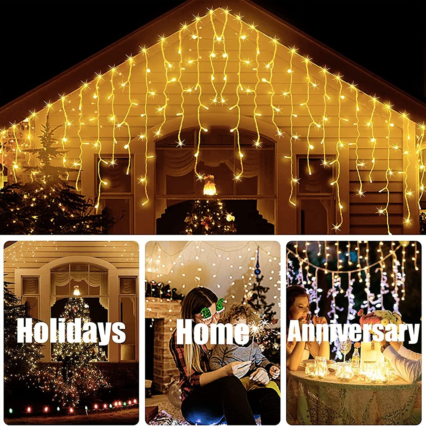 GESCO Rideau lumineux extérieur 9m, 200 lumières LED chaudes avec flash, lumières LED décoratives de Noël, éclairage domestique, guirlande lumineuse