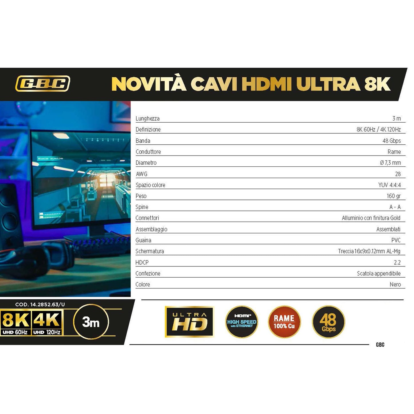 GBC Cavo HDMI 2.1 da 3 metri, supporta 8K a 60Hz, velocità ultra elevata 48 Gbps con ethernet , connettori placcati in oro