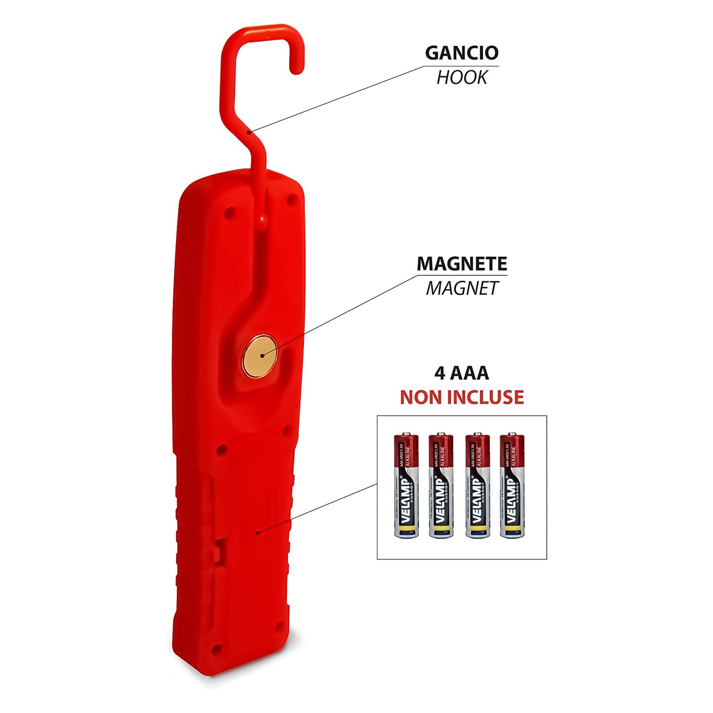 Velamp Torcia COB LED a batteria, gancio regolabile a 120°, lampada con magnete, supporto magnetico posteriore