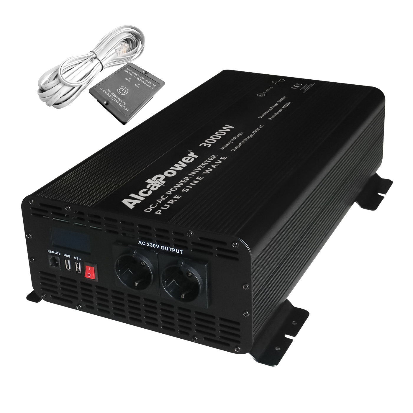 Alcapower 924231 Pure sine wave inverter 3000W, remote control with 6m cable included and 2 USB sockets, Input 24V Output 230V, LCD display, cables included