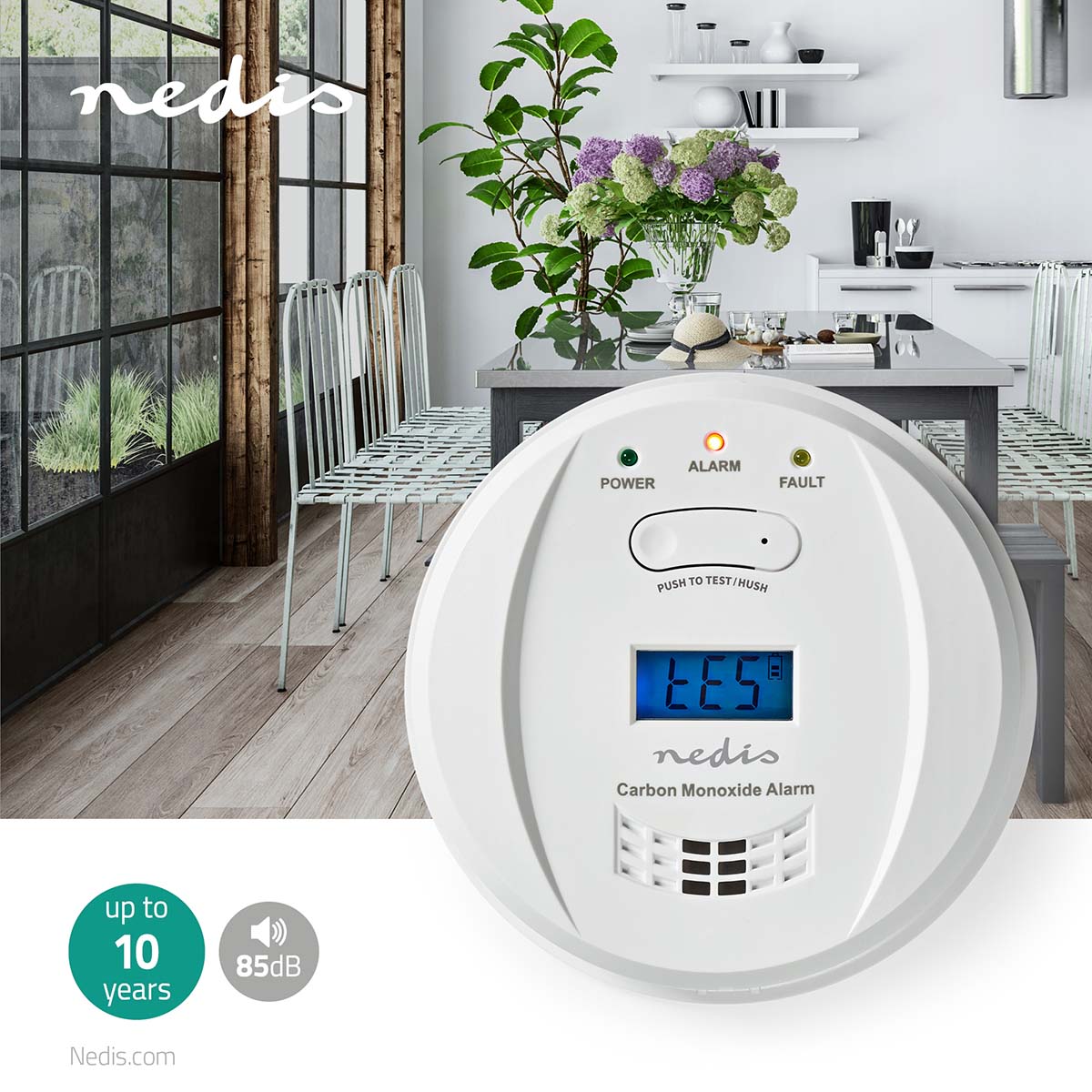 Nedis Alarme de monoxyde de carbone, détecteur de monoxyde de carbone, autonomie de 5 ans, écran LCD, alarme 85 dB, installation facile
