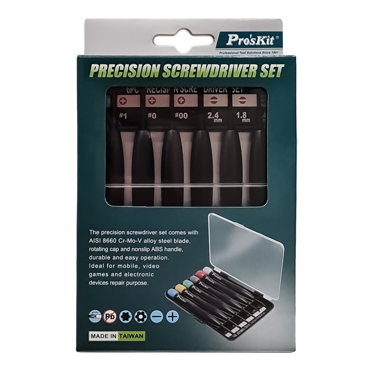 Pro'skit set of 6 Phillips and slotted screwdrivers, mini slotted and Phillips screwdriver kit with hard case