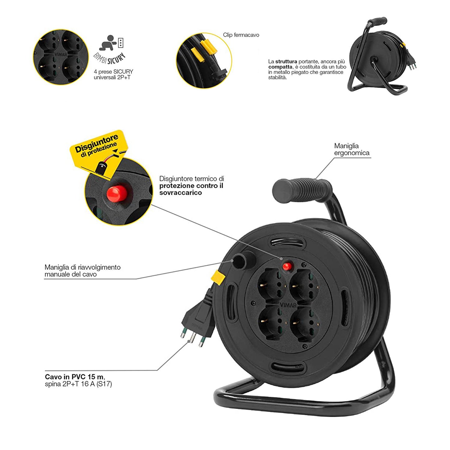 VIMAR Enrouleur de câble 16A 230V, avec fiche S17 2P+T et 4 prises universelles type P40, câble de 15m de long, disjoncteur thermique pour protection contre les surcharges