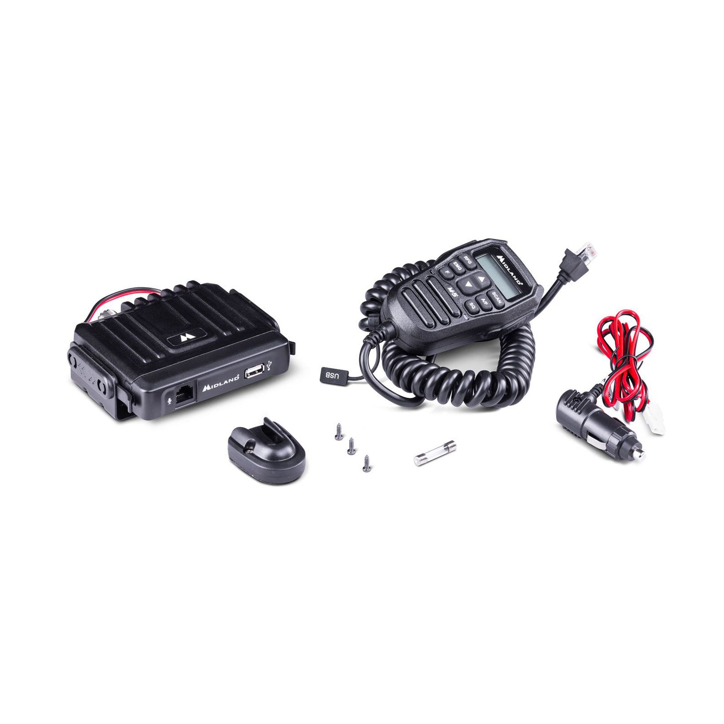 Midland M-5 CB Émetteur-récepteur radio multibande 40 canaux AM/FM pour véhicule, émetteur-récepteur compact avec commandes sur le microphone avec écran LCD, prise Kenwood 2 broches et USB