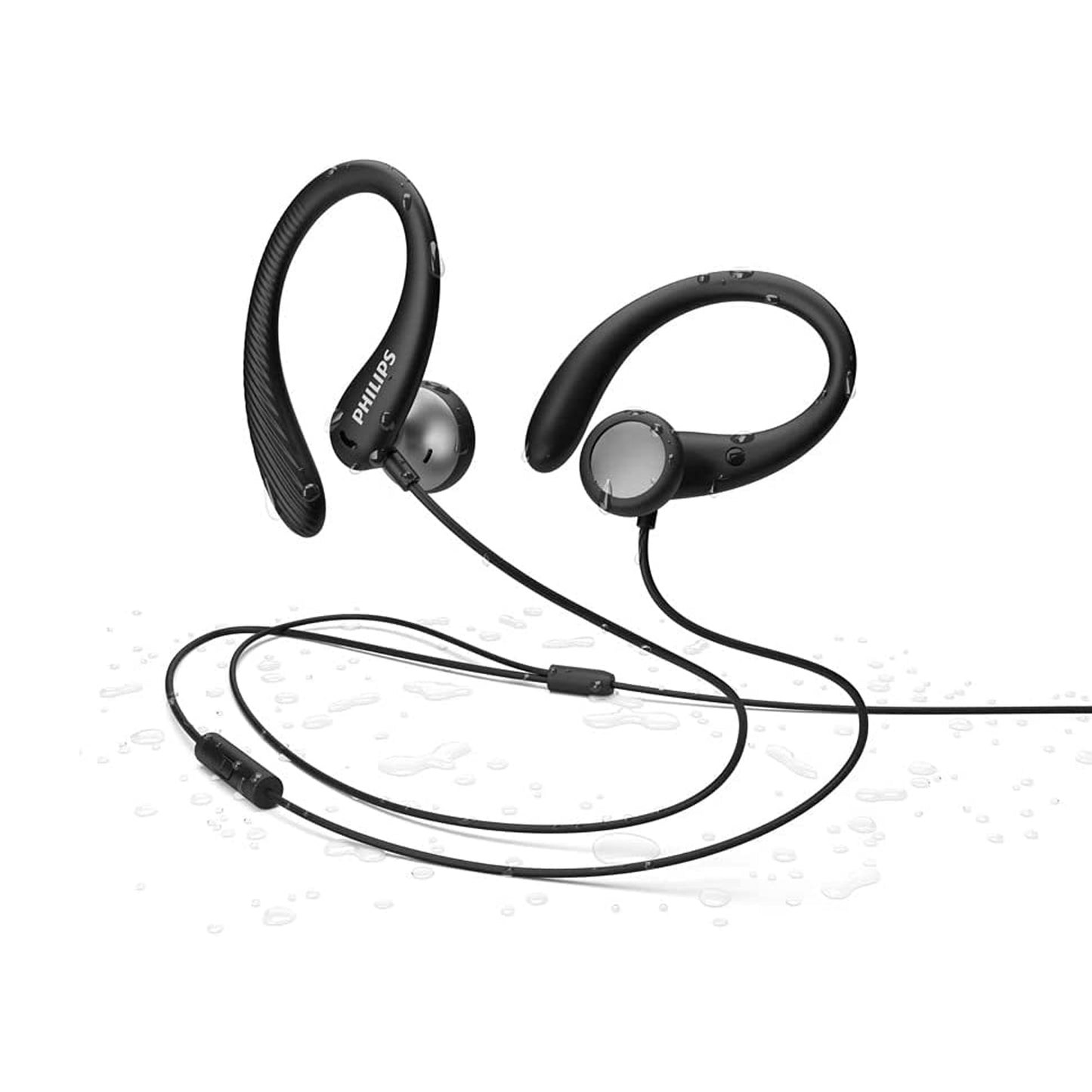 Philips Cuffie con filo per fitness e sport, auricolari con microfono, IPX2 resistenti a sudore e schizzi, supporti orecchio flessibili, comando con pulsante, nero