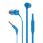 JBL T110 Écouteurs intra-auriculaires avec microphone, câble plat anti-nœuds, commande à un bouton, son JBL Pure Bass, bleu